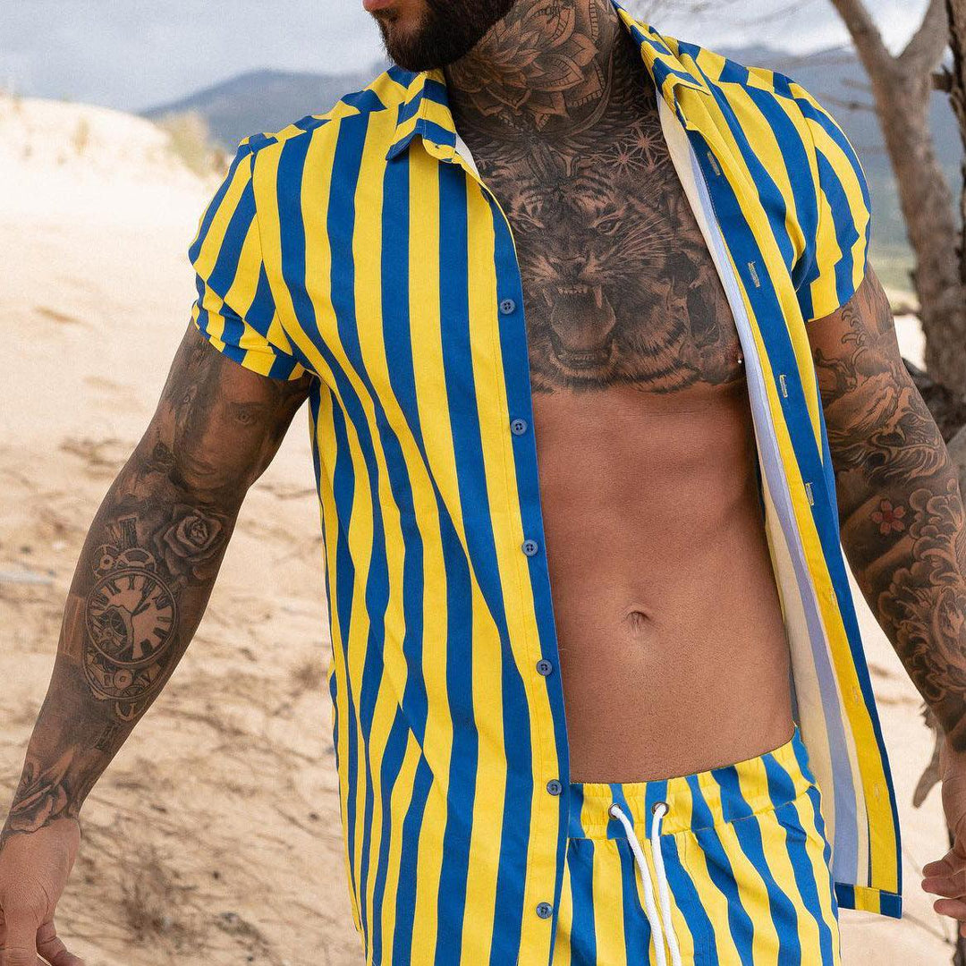 Men's striped short-sleeve button-up shirt, yellow with blue vertical stripes