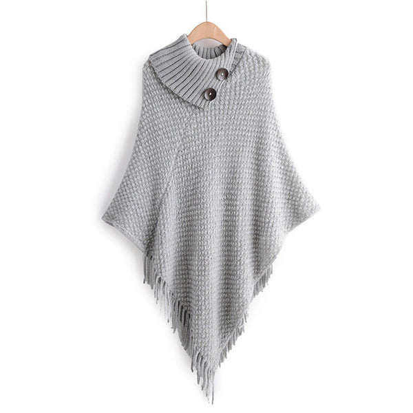 Lapel two buckle tassel cloak sweater - WOMONA.COM