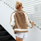 contrast color stitching fur coat - WOMONA.COM
