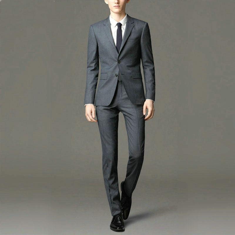 Men's dark grey two-piece suit with notch lapels, two-button front, matching dress trousers
