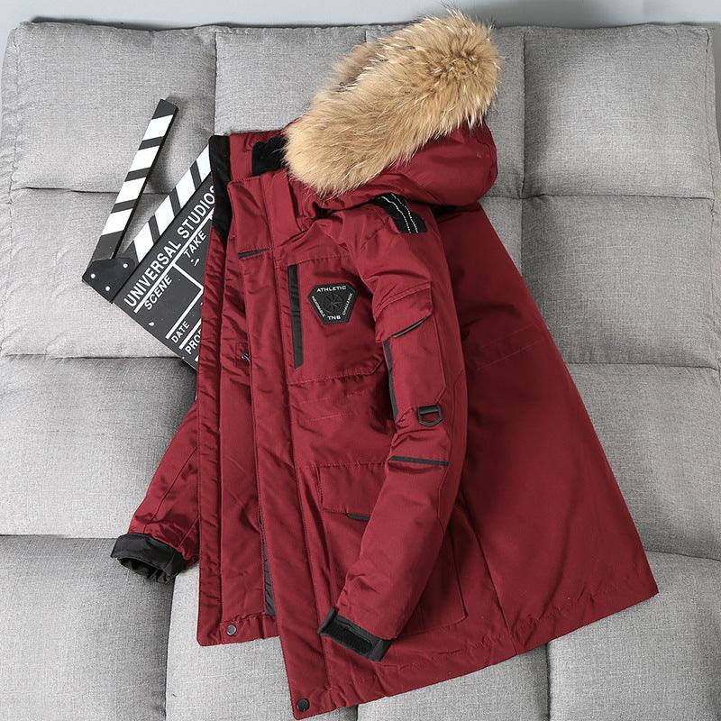 Men's and women's parka coat, dark red, faux fur-trim hood, front zipper, utility pockets