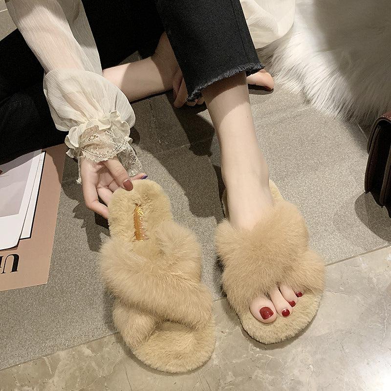 Cross fur slippers - WOMONA.COM