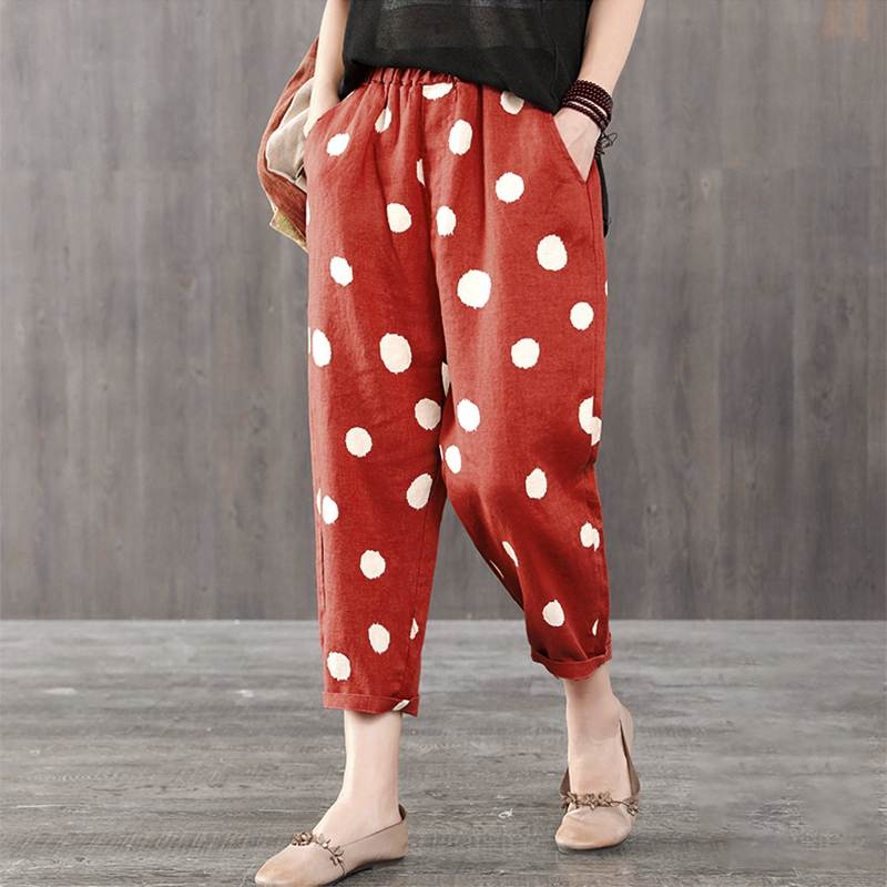 Dot plus size loose women's casual trousers - WOMONA.COM