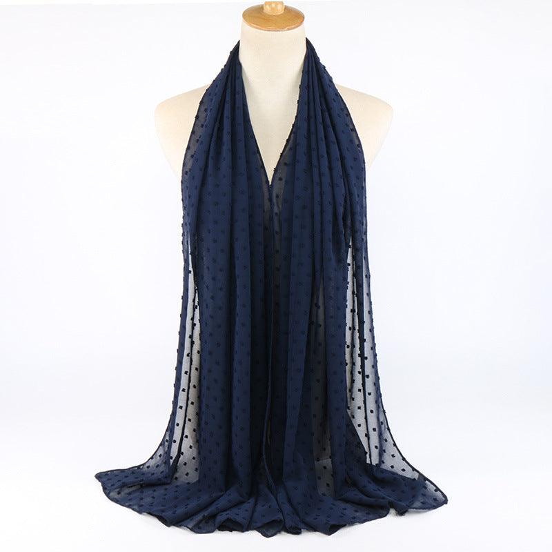 Chiffon folk ball scarf in navy blue with small dotted pattern, loose long drape