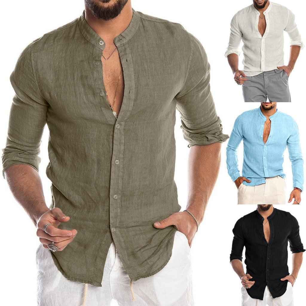 Men's long sleeve button-up shirt in olive green, V-neck style with front buttons