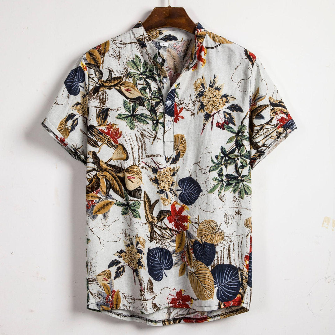 Men's slim printed shirt, white with colorful tropical leaf and bird pattern, short sleeves