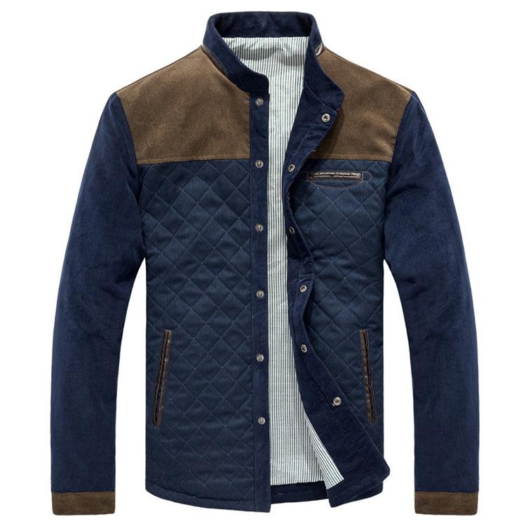 Men's color-block casual jacket with button front, quilted panels, and chest pocket