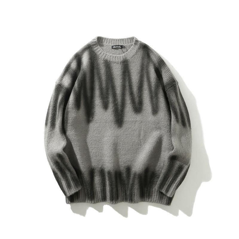 Heather gray long-sleeve knit sweater, crew neck, ribbed hem and cuffs