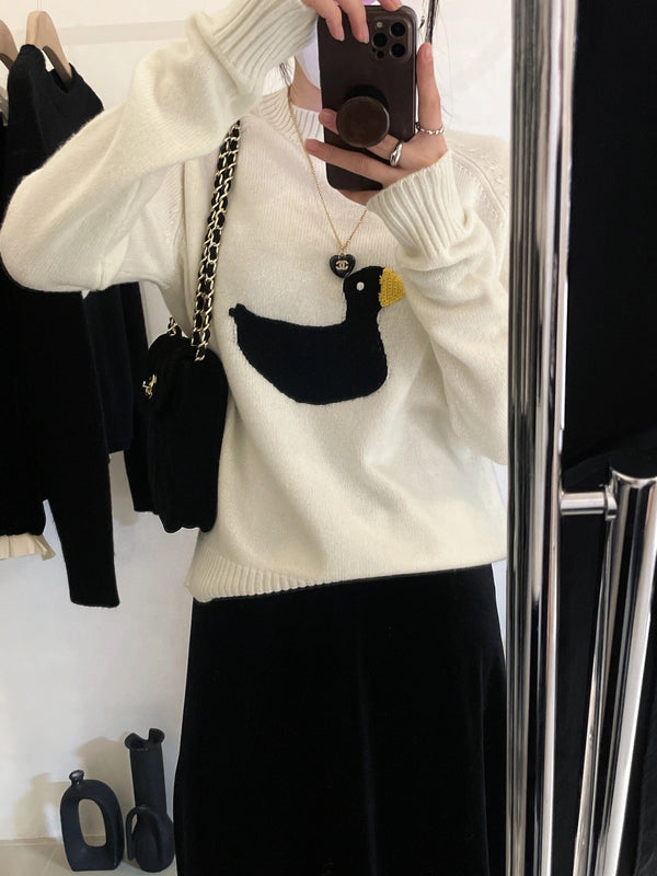 Cute Duckling Round Neck Sweater - WOMONA.COM