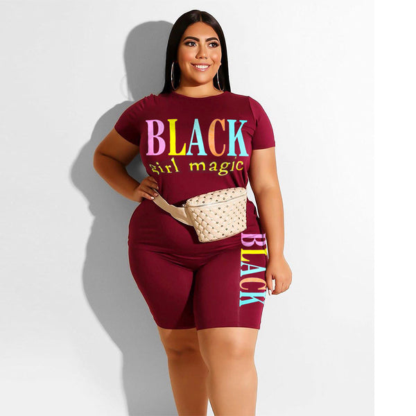 Plus Size Women's Casual Letter Printed T-shirt Shorts - WOMONA.COM