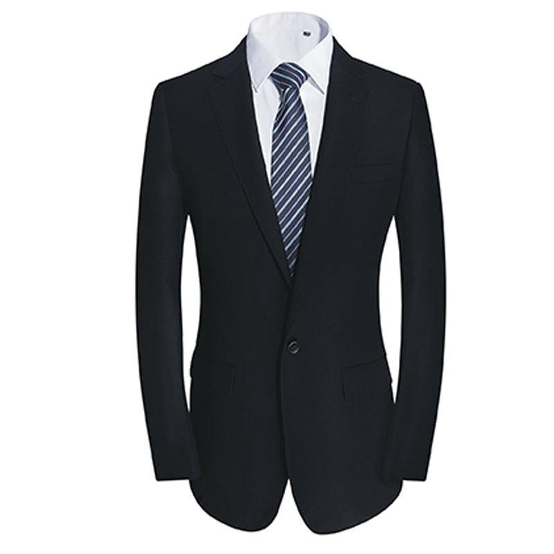 Men’s black suit jacket with white dress shirt and navy striped tie