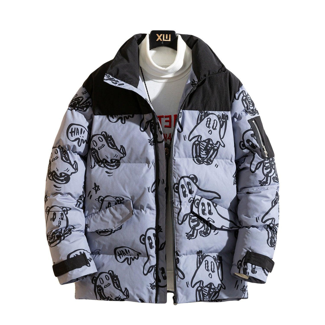 Men’s winter padded jacket with hood, black shoulders, and cartoon dog graphic print.