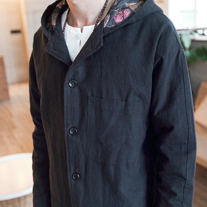 Men's black windbreaker hooded coat with three-button placket and chest patch pocket
