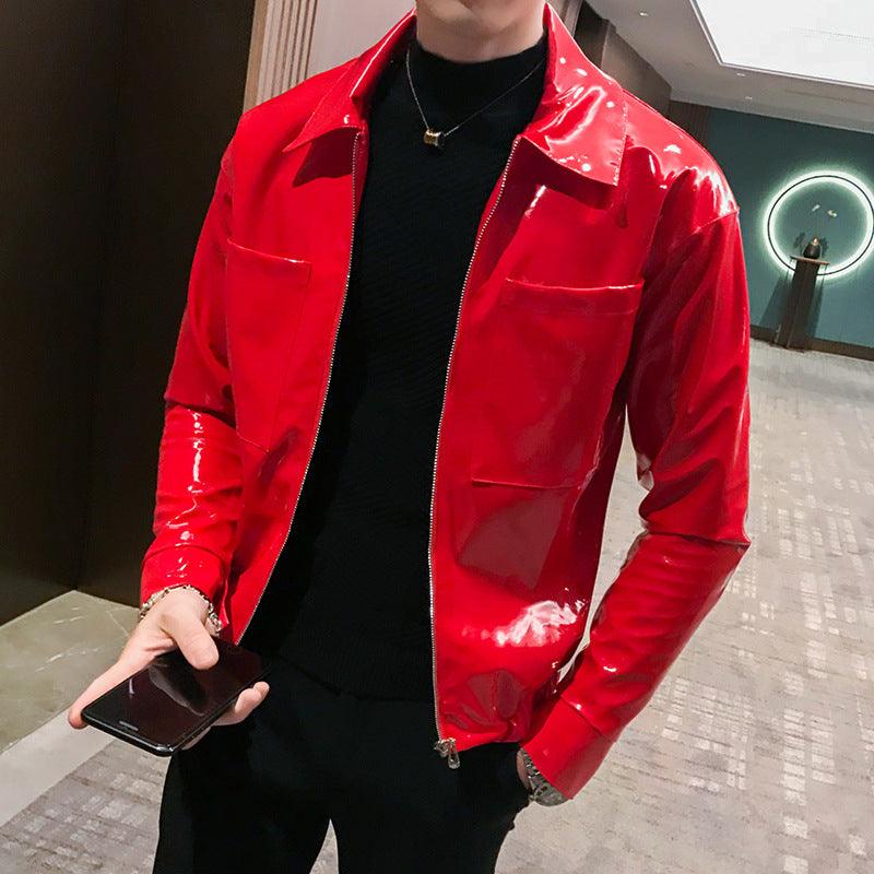 Red PU leather lapel jacket with pointed collar, zipper front, chest pockets.