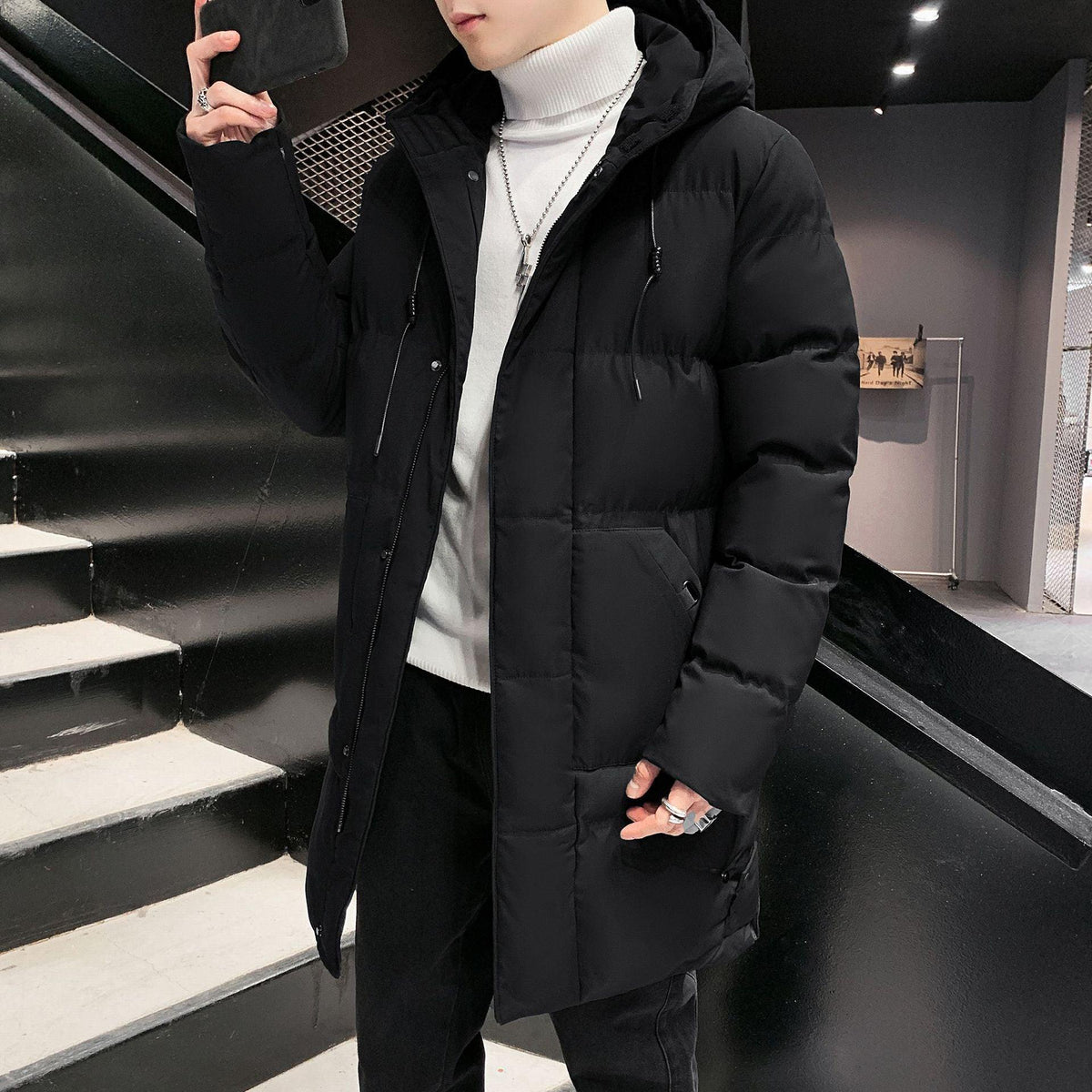 Black winter down padded jacket with hood, full-zip front, side pockets