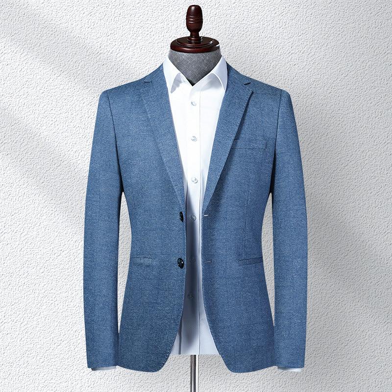 Men's slim-fit blue blazer with notch lapels and two-button front