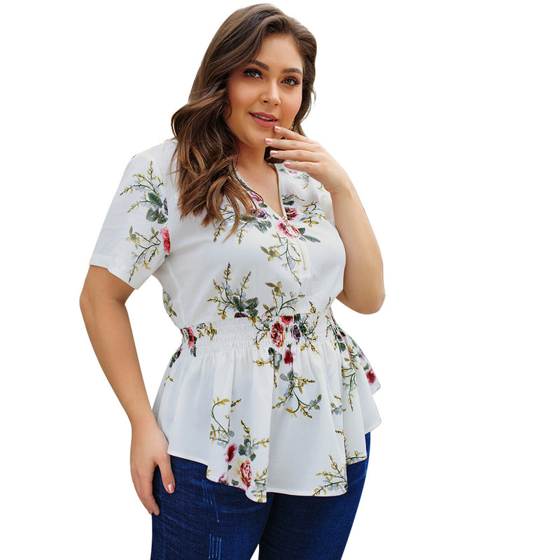 V-neck plus size shirt print top - WOMONA.COM