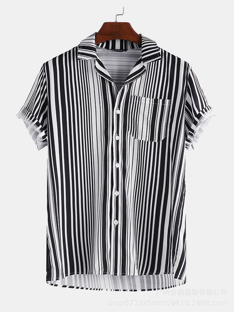 Front view of men's black-and-white vertical striped short-sleeve Hawaiian shirt