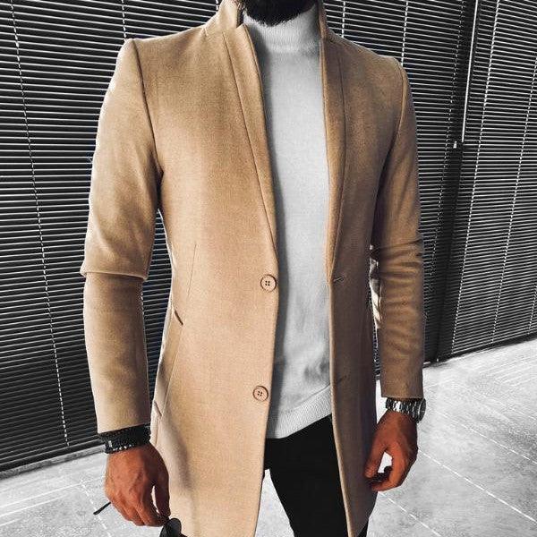 Men's khaki double-sided wool coat with notch lapels and button front, long sleeves