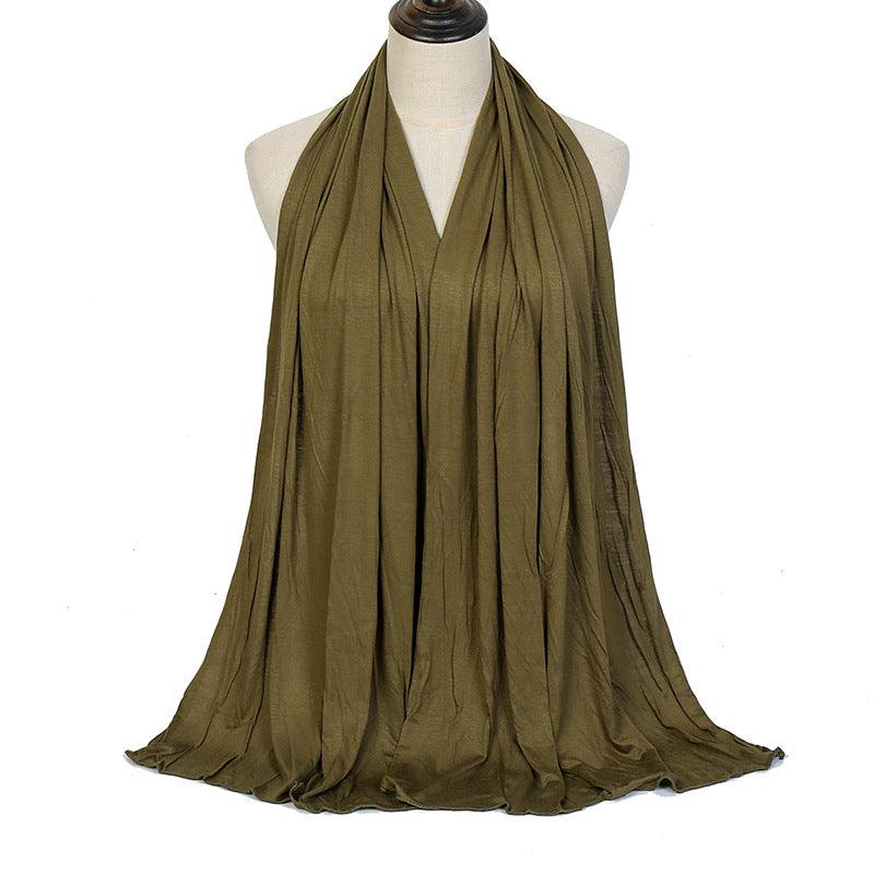 Olive green ladies mercerized cotton headscarf with pleated drape and soft fringe hem