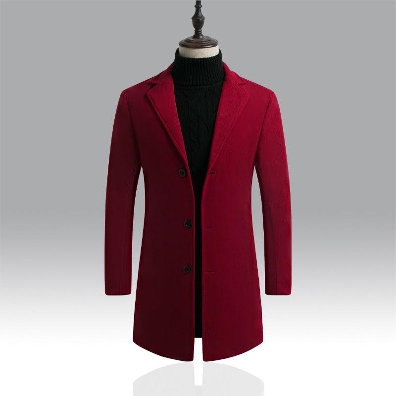 Men's long trench coat in wine red, notched lapels, button front.