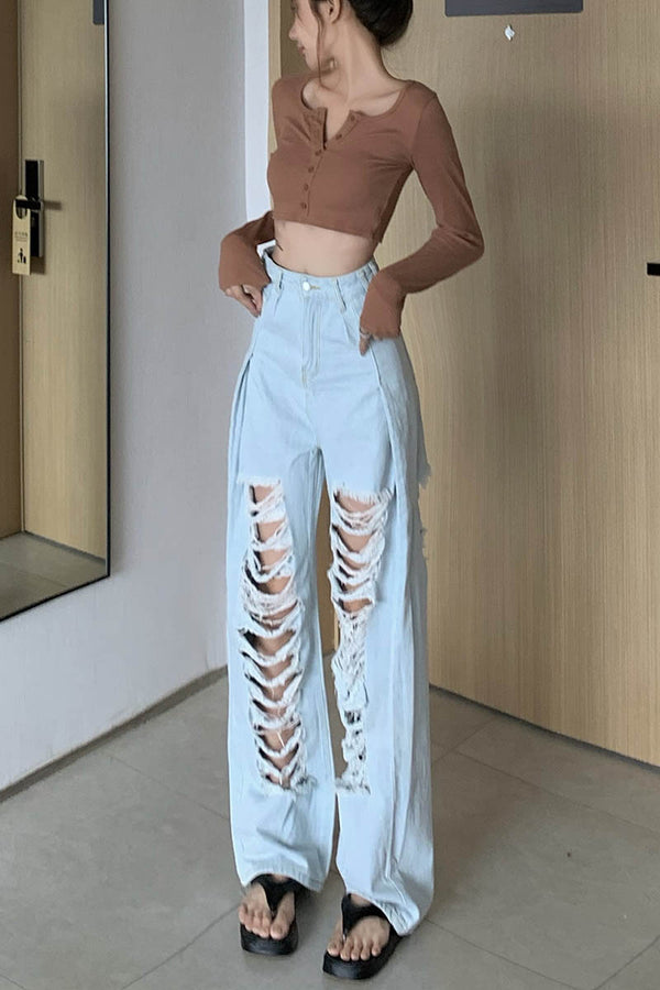 Ripped Straight Wide Leg Pants - WOMONA.COM