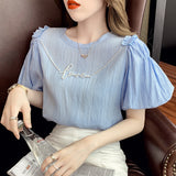 Top Puff Sleeve Solid Color Short-sleeved Shirt - WOMONA.COM