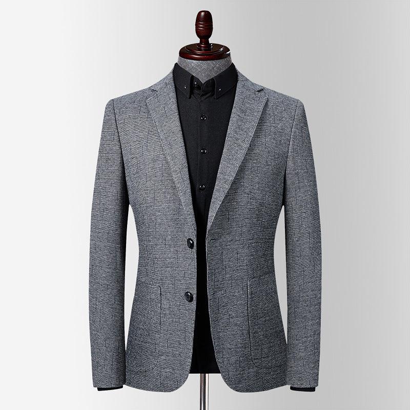 Grey textured slim-fit suit jacket with notched lapels and three-button front