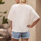 Solid V-Neck Short Sleeve Loose Top - WOMONA.COM
