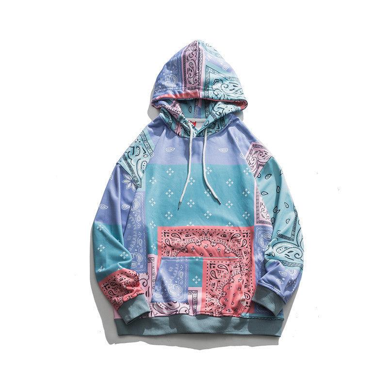 Blue-toned hooded sweatshirt jacket with floral bandana print and drawstrings