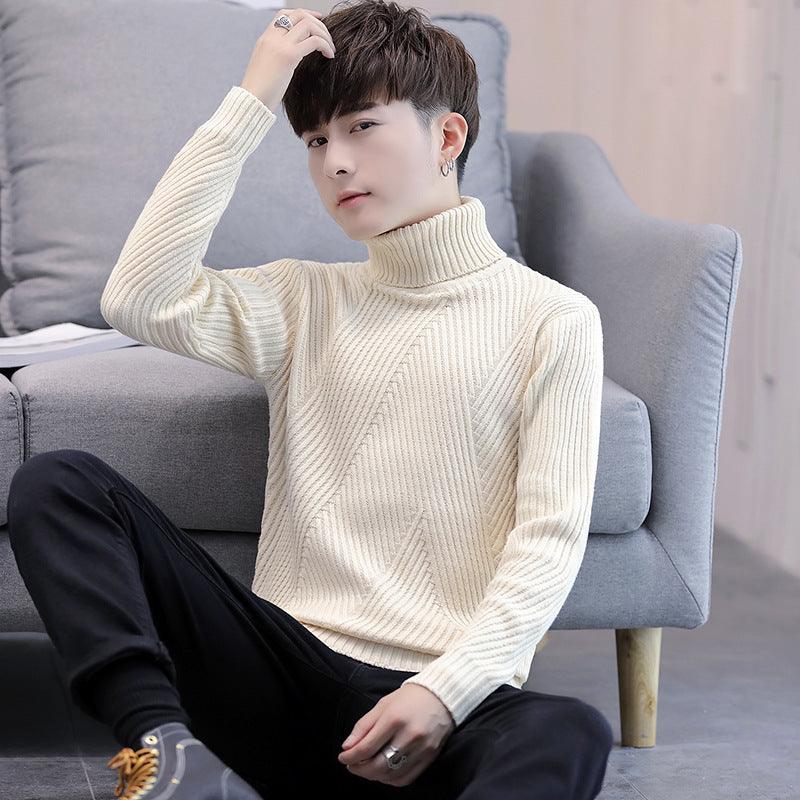Men's cable knit turtleneck sweater, cream, long sleeves and fitted cuffs