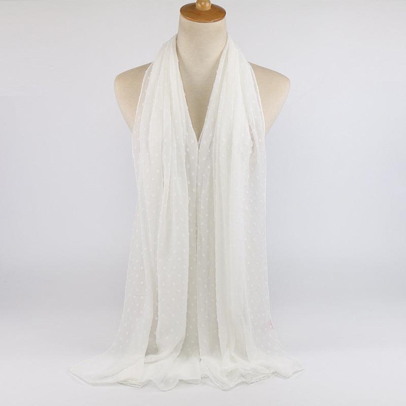 Chiffon folk ball scarf in white with subtle dotted print, flowing and lightweight