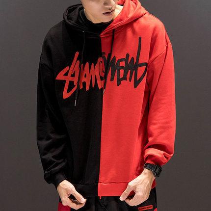 Red and black color-block hooded sweatshirt with front graphic logo and drawstring hood