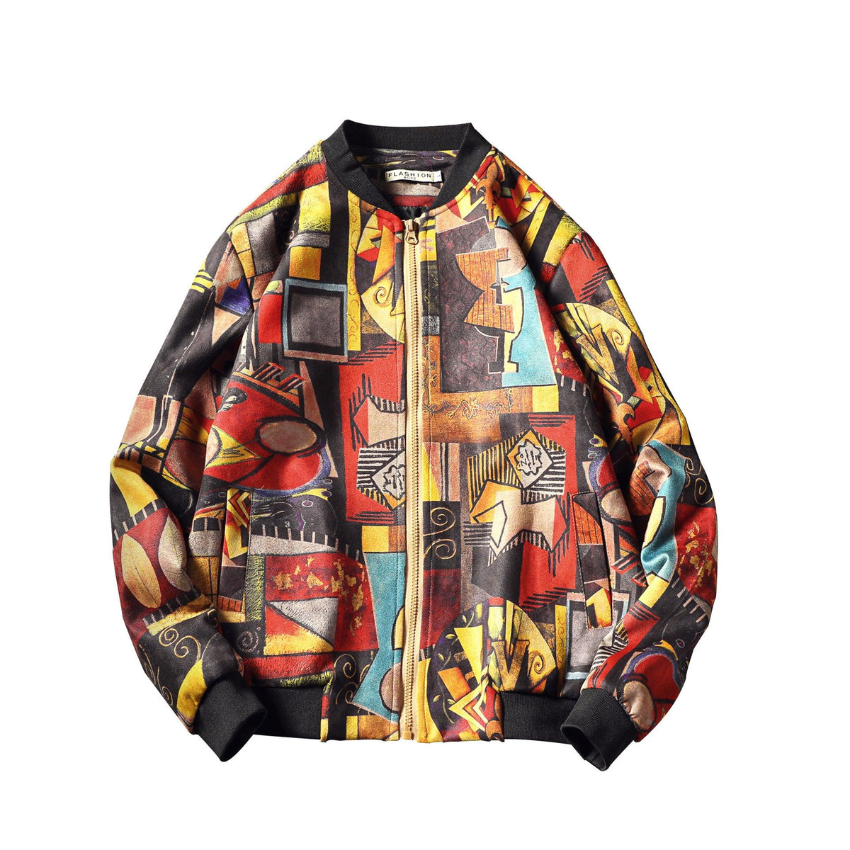 Men's colorful abstract print bomber-style jacket with full zip and black ribbed cuffs