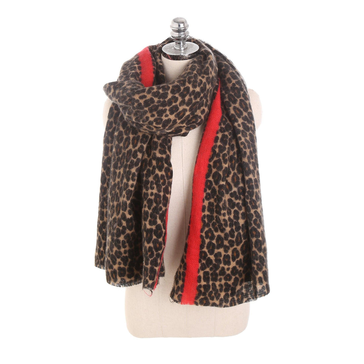 Leopard-print cashmere women’s scarf shawl with red side stripe