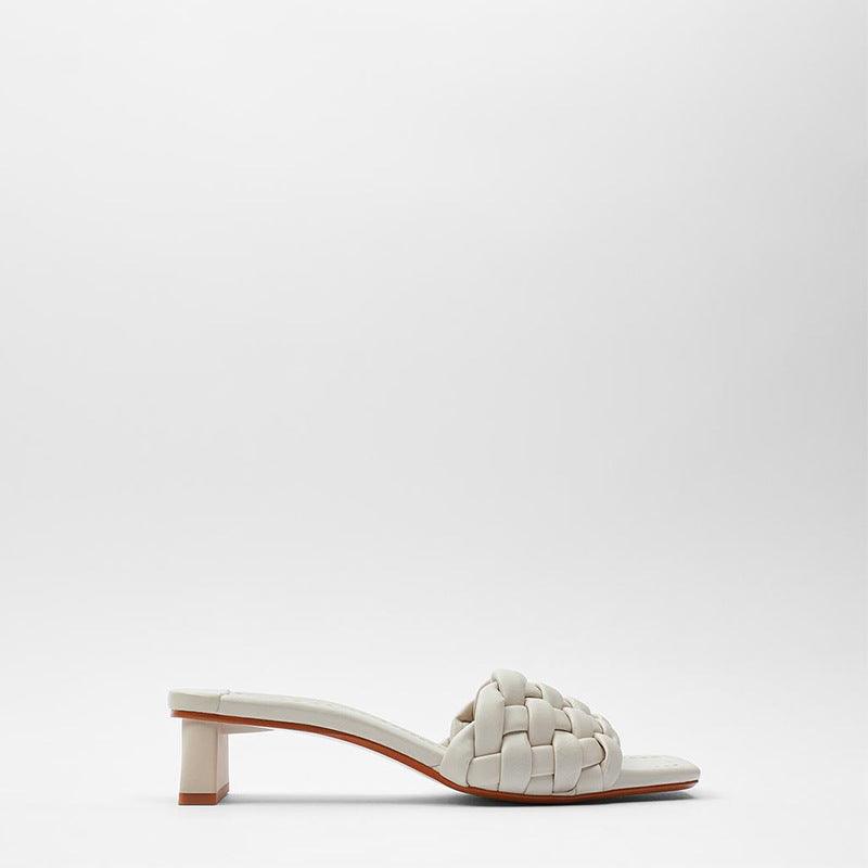 White woven high heel sandal with braided toe detail and block heel