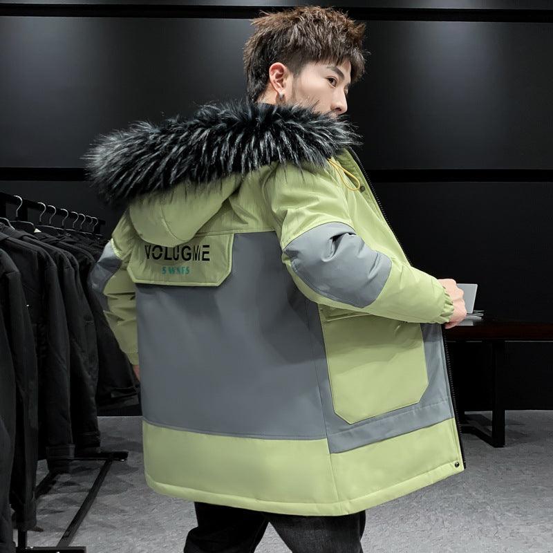 Men's extreme cold down padded jacket in light green with faux-fur hood and teal accents