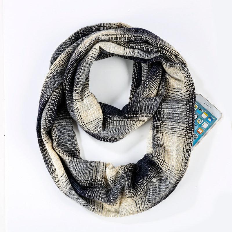 Plaid infinity scarf in black, cream, and gray knit weave, neatly looped