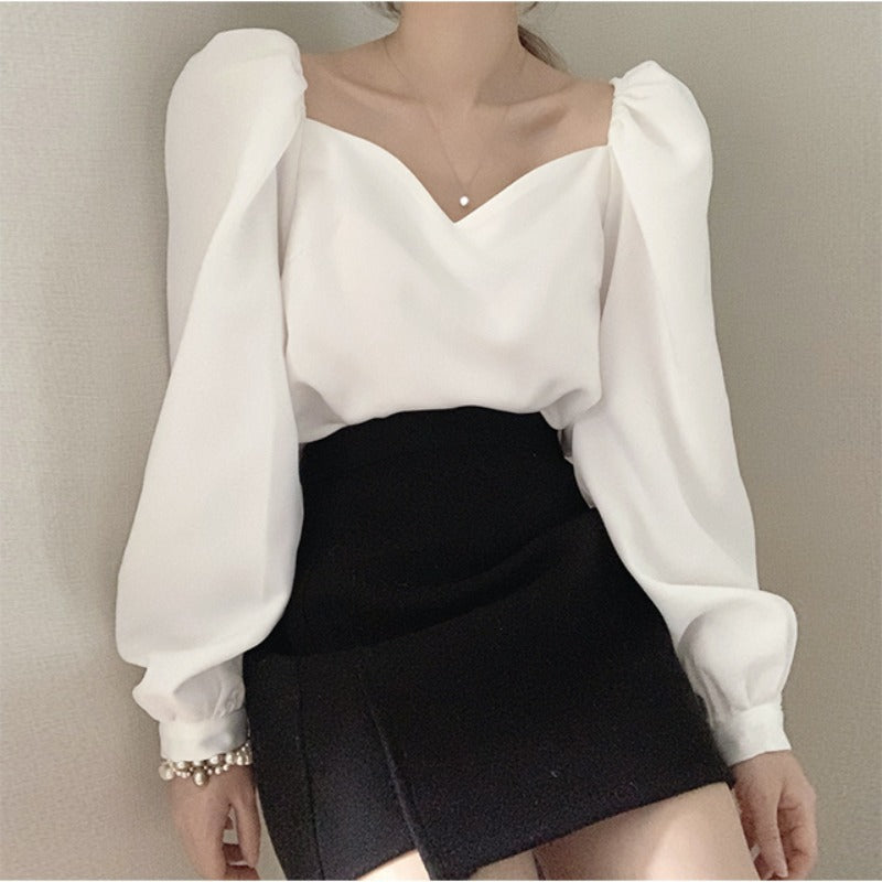 Collar Lantern Sleeve Shirt - WOMONA.COM