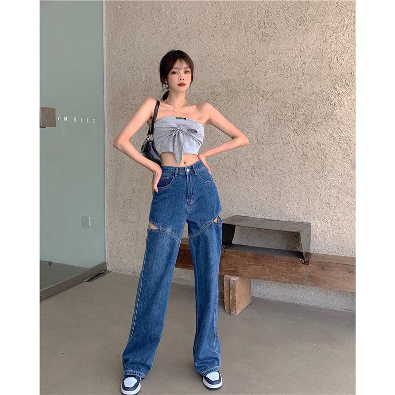 Women's High-Waisted Wide-Leg Cut-Out Jeans