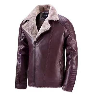 Velvet-padded jacket in wine red with tan shearling collar and zip front