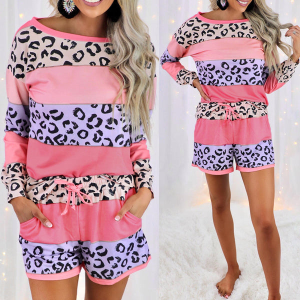 Pajamas With Leopard Print Stitching - WOMONA.COM