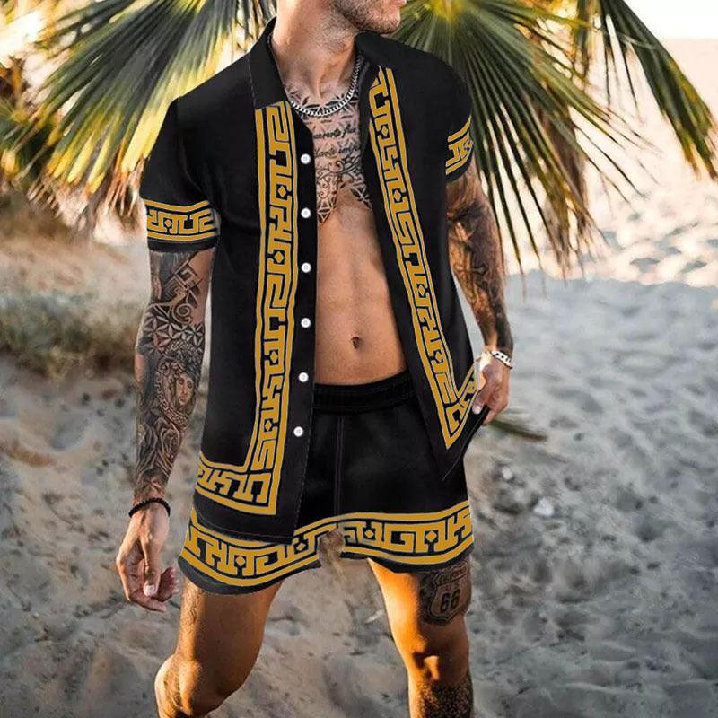 Men's black printed short-sleeve shirt set with yellow trim, open front and matching shorts