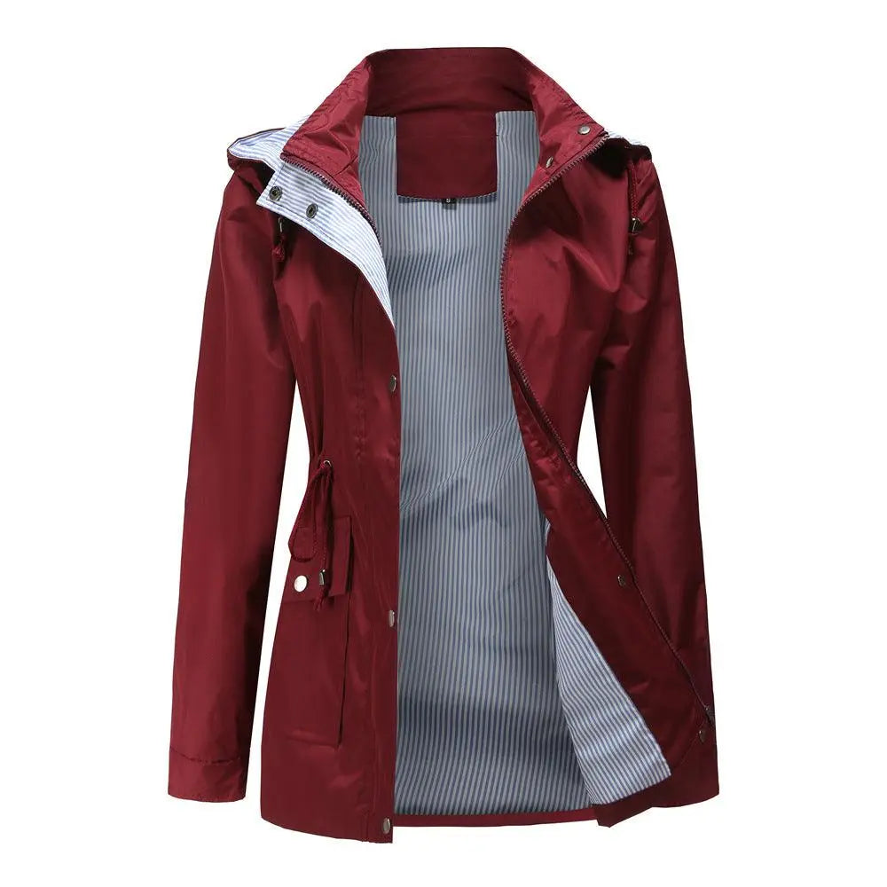 Women’s detachable hood trench coat, maroon/red, front zip with utility pockets