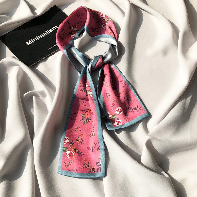 Korean floral small scarf, pink with light-blue border and bow