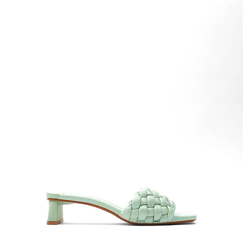 Green woven high heel sandal with braided strap and block heel