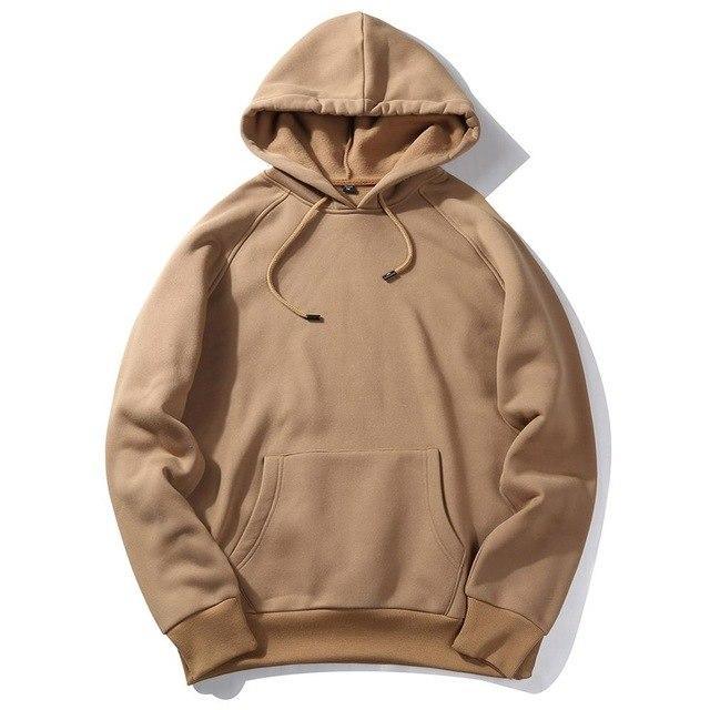 Beige hoodie with adjustable drawstring hood and front kangaroo pocket.