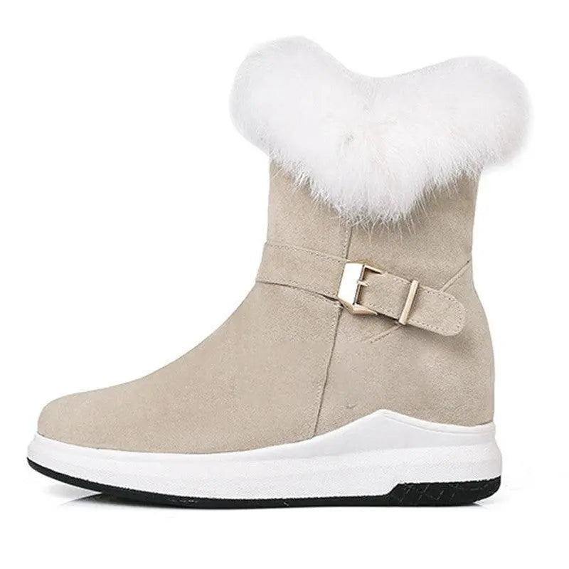 Light beige suede snow boots with white faux-fur top and buckle strap; white sole