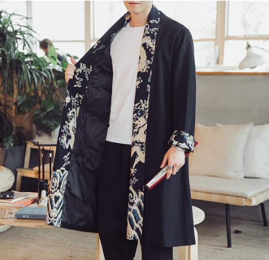 Black linen cloak with open front and ornate light-blue print trim, long sleeves