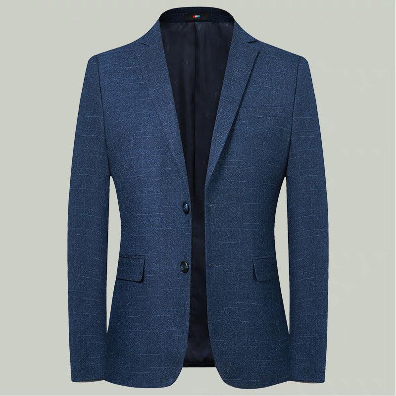 Men's blue slim suit coat, notch lapels, two-button front, flap pockets